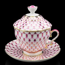 Gold Pink Net Cup with Lid and Saucer Russian Imperial Lomonosov Porcelain