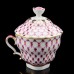 Gold Pink Net Cup with Lid and Saucer Russian Imperial Lomonosov Porcelain