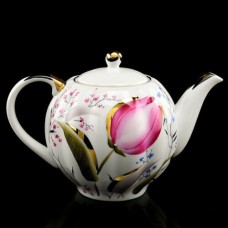 Enamel Painting Teapot Pink Tulips Russian Imperial Lomonosov porcelain