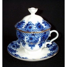 Cobalt Gold Cup with Lid and Saucer Basket Russian Imperial Lomonosov Porcelain