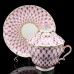 Gold Pink Net Cup with Lid and Saucer Russian Imperial Lomonosov Porcelain