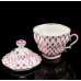 Gold Pink Net Cup with Lid and Saucer Russian Imperial Lomonosov Porcelain