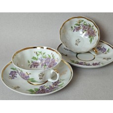 Lilac teacup set Dulevo with a sprig at the bottom, 1959, USSR.