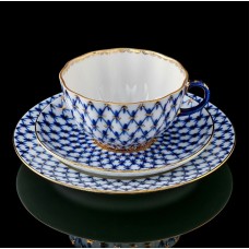 Russian Gold Cobalt Net Tea Cup, Saucer and Plate Russian Lomonosov porcelain