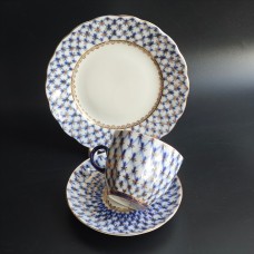 Vintage cobalt mesh coffee cup, saucer & dessert plate, 