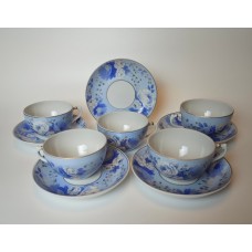 Blue Peony Teacup & Saucer, Dulevo, USSR porcelain, 1960.