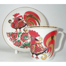 Russian Mug and Saucer Red Rooster Russian Lomonosov porcelain