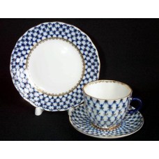 Gold Cobalt Net Coffee Cup with Saucer and Plate Russian Lomonosov porcelain