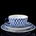 Russian Gold Cobalt Net Tea Cup, Saucer and Plate Russian Lomonosov porcelain