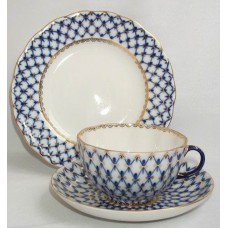 Russian Gold Cobalt Net Tea Cup, Saucer and Plate Russian Lomonosov porcelain