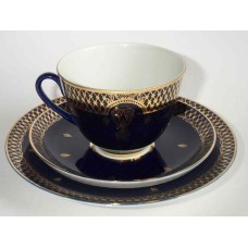 Cobalt Tea Cup, Saucer and Plate Lotus Russian Lomonosov porcelain
