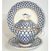 22K Gold Cobalt Net Cup with Lid, Saucer and Plate Russian Imperial Lomonosov Porcelain