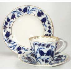 Cobalt Gold cup, saucer and plate Bluebells Lomonosov porcelain