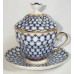 Gold Cobalt Net Covered Cup with Lid and Saucer Lomonosov porcelain