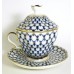 Gold Cobalt Net Covered Cup with Lid and Saucer Lomonosov porcelain
