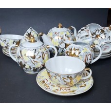 Golden Daisies Teacup Set 6/15, LFZ, USSR porcelain.