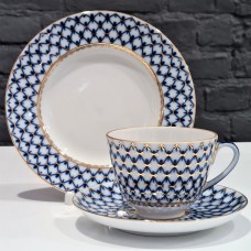 This cobalt net porcelain cup saucer and plate will complement any meal - whether it is an ordinary tea party with friends or a holiday feast. The set