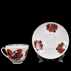 Tea cup and saucer Red Rooster Russian Imperial Lomonosov Porcelain