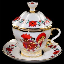 Beautiful Gold Covered Cup and Saucer Red Rooster Lomonosov porcelain