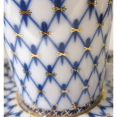 22K Gold Mug with Lid and Saucer Cobalt Net Imperial Lomonosov Porcelain