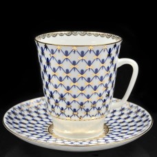 22K Gold Cobalt Net Bone China Cup and Saucer Lomonosov Porcelain