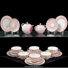 22K Gold Pink Net Tea Set 6/20 Russian Imperial Lomonosov Porcelain