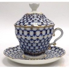 Gold Cobalt Net Covered Cup with Lid, Saucer Lomonosov porcelain