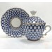 Gold Cobalt Net Covered Cup with Lid, Saucer Lomonosov porcelain