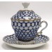 Gold Cobalt Net Covered Cup with Lid, Saucer Lomonosov porcelain